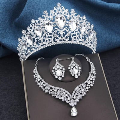 Barok 3 stuks/set Bruids Trouwkroon Prinses Koningin Waterdruppel Kristal Grote Tiara's en Ketting Oorbellen Kostuum Sieradensets gray