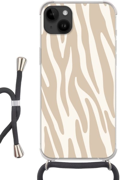 Telefoonhoesje Geschikt voor Apple Iphone 14 Max - Zebraprint - Beige - Wit - Dierenprint - Siliconen - Crossbody - Backcover met Koord - Telefoonhoesje met koord - Hoesje met touw Telefoonhoesje