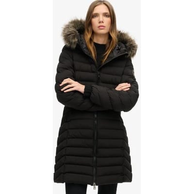 Superdry - Halflange Fuji-pufferjas met capuchon met imitatiebont - Dames - Gewatteerde jassen