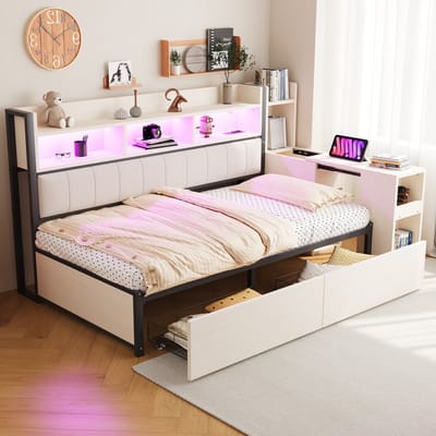 PHOEBE CAT Slaapbank - 90 x 200 cm - Opbergruimte - Oplaadpunt - LED-verlichting - 2 lades - Uitschuifbaar bureau - Wit