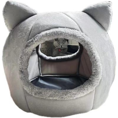 Kattenkennel Hondenkennel Winter Warm Gesloten en Fleece Rond Huisdierkennel Huisdier Kattenkennel M gray
