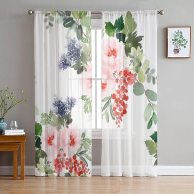 Aquarel Bloemen Handgemaakte Luxe Chiffon Transparante Gordijnen voor Woonkamer Slaapkamer Decoratie Raam Voiles Tule Gordijn 135W x 114H(cm) white