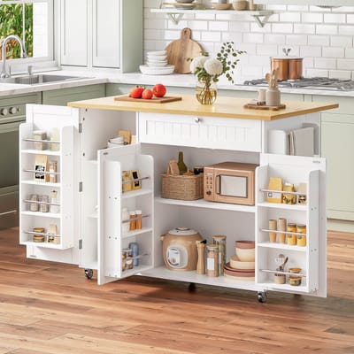 HAUSS SPOLE Keukeneiland - Mobiele Keukenkast Met Uitklapbaar Werkblad En Lade - Voor Keuken En Eethoek - MDF - 120x45x92 Cm - Naturel Wit
