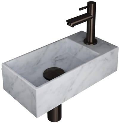 INK - Fonteinpack Marmer Rechts incl. Fonteinkraan - Design Sifon - Design Plug en Montageset - 360x180x90 Mm - Mat Wit Marmer/metal Black