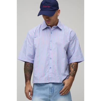 Oversized Boxy Shirt Met Halve Mouwen En Meerdere Strepen | Blue | Size XS