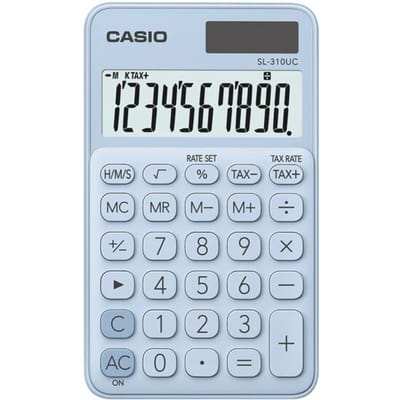 Casio SL-310UC-LB Zakrekenmachine Lichtblauw Aantal displayposities: 10 werkt op zonne-energie, werkt op batterijen (b x h x d) 70 x 8 x 118 mm