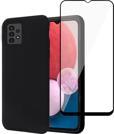 Hoesje geschikt voor Samsung A13 4G + Screenprotector – Full Screen Tempered Glass - Liquid Back Case Cover Zwart