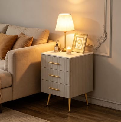 HAUSS SPOLE Bedtafel - Bijzettafel Met 3 Lades En Marmerlook Blad - Voor Slaapkamer En Woonkamer - Grijs Metaal MDF - 41x40,5x60 Cm
