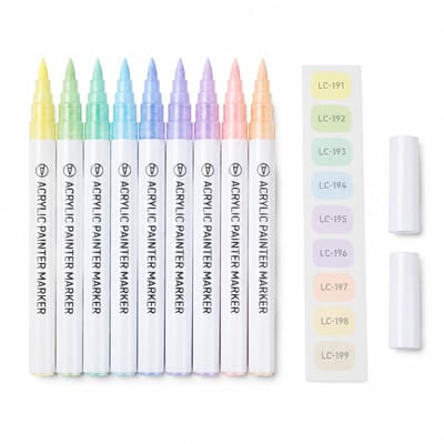 Set van 9 acrylmarkers met directe vloeistoftoevoer - zachte pastelkleuren - standaard punt - basisverpakking