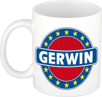 Bellatio Decorations - Gerwin voornaam - koffiemok - beker - wit/blauw - 300 ml - Cadeau - Heren - Collega - Vaderdag - Verjaardag