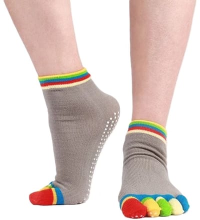 Yoga Sokken Full Toe | Volle Teen Yoga Sok | Met Anti Slip Onderkant | Antislip Sokken | Pilates Sokken | Maat 36-40 I Grijs Met Kleuren
