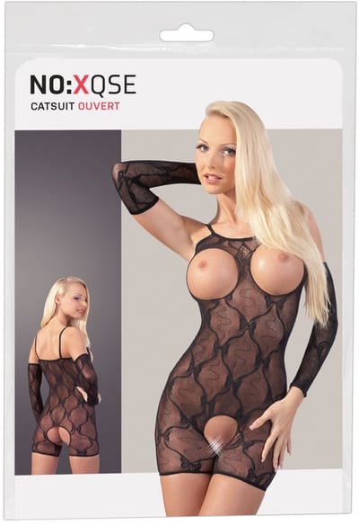 Mandy Mystery Lingerie – Romper Catsuit met Open Borste en Kruis voor Gemakkelijk Toegang – Maat S/M – Zwart