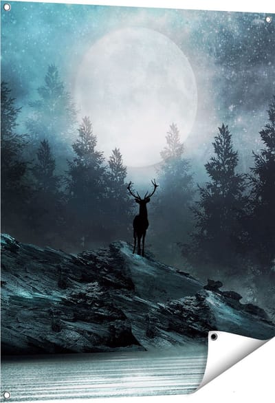 Gards Tuinposter Hert op een Rots tijdens Volle Maan - 80x100 cm - Tuindoek - Tuindecoratie - Wanddecoratie buiten - Tuinschilderij