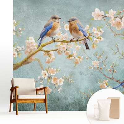 Wallfluent Behang - Lente vogels Muurbehang - 250x250 cm - Blauw Behang - Voor natuurliefhebbers - Behang Voor de slaapkamer, woonkamer en kantoor - Wanddecoratie Bloemen en planten