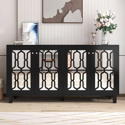 Sweiko Zwart gespiegeld dressoir met koele kristallen grepen, vier deuren, met beweegbaar laminaat.voor woon- en eetkamer, 160 x 40 x 84cm