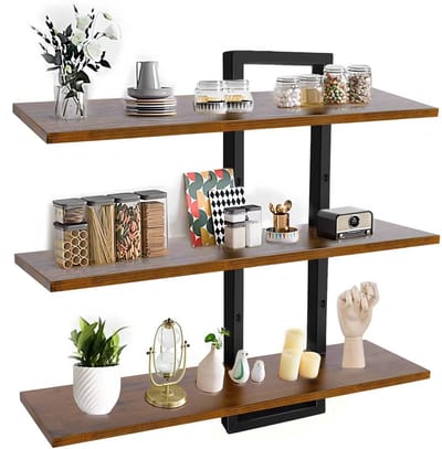 JOYNEXTBUY 3-Laags Wandplank – Zwevende Wandplanken van Hout en Metaal – Wandmontage – Industrieel Design - Woonkamer & Keuken