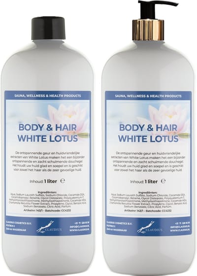 Body & Hair White Lotus 1 liter met gouden pomp - set van 2 stuks - 2 in 1 voor lichaam en haar - voordeelverpakking
