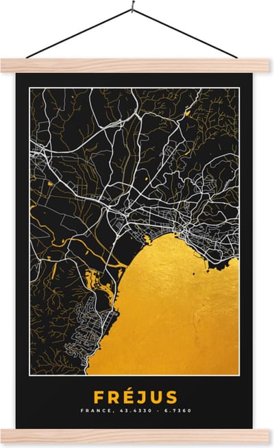 Posterhanger incl. Poster 40x60 cm - Schoolplaat - Kaart – Fréjus - Plattegrond – Frankrijk – Stadskaart - Textielposter - Blanke latten - Stadskaart