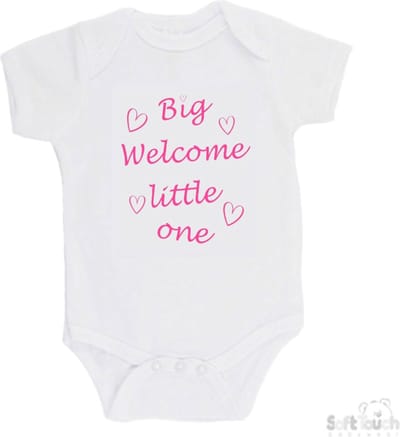 100@ katoenen Romper Big welcome little one Katoen Wit/roze Maat 62/68