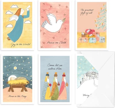 Set Kerst- en Wenskaarten met Enveloppen en Stickers - 6 Unieke Aquarelontwerpen, Blanco Binnenkant
