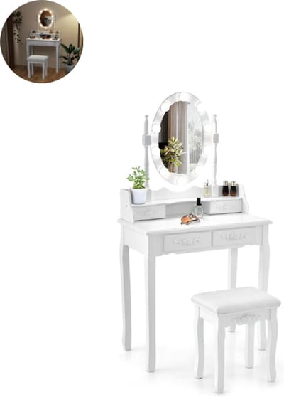 Kaptafel met spiegel en verlichting - Make up tafel - Make up - Toilettafel - Met lades - Wit