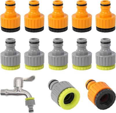 12-delige kraanconnector set met vrouwelijke schroefdraad voor tuinirrigatie, wasmachine en tuinslang, 1/2 inch en 3/4 inch aansluiting, ideaal voor thuisgebruik en waterbesparing