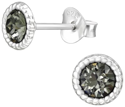 Joy|S - Zilveren ronde oorbellen - kristal black diamond grijs - 6 mm - oorknoppen - sterling zilver 925 - zilver bolletjes randje