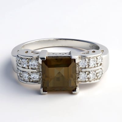 Cavill - Elegante zilveren ring 925 sterling zilver - Braziliaanse rookkwarts 2.18 ct carré - 12 pavé zirkonia 0.617 ct - stijlvolle damesring