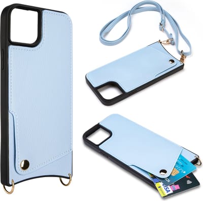 Casemania Hoesje Geschikt voor Apple iPhone 15 - Back Cover met Draagkoord - Pasjeshouder Hoes met Bandje - Crossbody Telefoonhoesje - Lanyard Case - Blauw