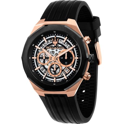Maserati Stile Zwart Zwart Siliconen/Rubberen Heren Skeletvormige Kwarts Chronograaf met Datum R8871642003 zwart