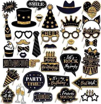 SnelShoppen - 36 Stuks Photo Booth Props, Zwart Goud Fotoproppen met Stokken en Stickers, Feestaccessoires voor Verjaardag, Bruiloft, Kerst, Halloween