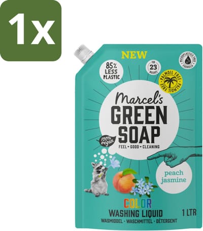 1 x Marcel's Green Soap - Vloeibaar Wasmiddel - Kleur - Navulling - Perzik & Jasmijn - Effectief & natuurlijk - 23 Wasbeurten - 1 liter - Wasmiddel - Geur - Kleur - Duurzaam - Natuurlijk