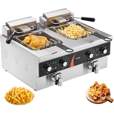 VEVOR Commerciële Frituurpan Elektrische Frituurpan, Dubbele Tank 3000W x 2, 5,9L Dubbele Olie Frituurpan met 2 Manden Verdikt Roestvrij Staal, Tijd- en Temperatuurregeling, voor Keuken Restaurant Café