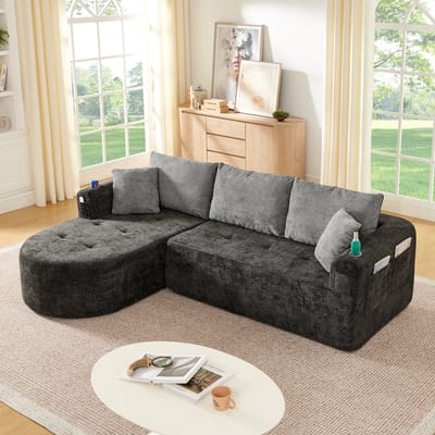 L-Bank, 3-Zitsbank, Moderne Hoekbank, L-vormige Hoekbank als Cloud Couch in Zelfmontage-uitvoering met Hittebestendige Roestvrijstalen Bekerhouder en Ademende en Duurzame Linnen Bekleding, Inclusief Handige Zijvakken en Armleuningen-Zwart