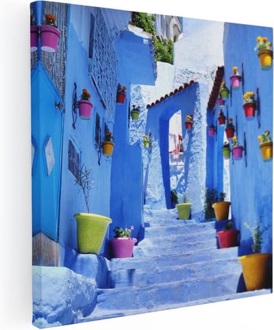 Artaza Canvas Schilderij Chefchaouen - 30x30 cm - Klein - Muurdecoratie Blauwe Stad - Wanddecoratie Steeg - Kamer Accessoires