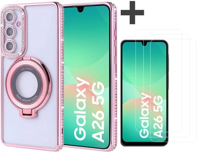 Hoesje met Ringhouder Geschikt voor Samsung Galaxy A26 met Diamant Glitters en 3 Stuks Gehard Glas Screenprotector – Arara Backcover - Rosegoud