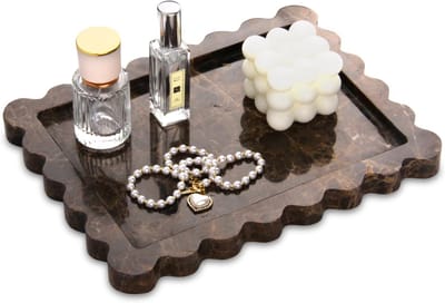 dienblad met geschulpte rand, luxe natuurstenen wastafelblad decoratief voor dressoir, parfum, koffie, thuis, wastafel, sleutels, snuisterijen en ringen (donkerbruin, 27 x 20 cm)