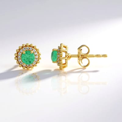 Cavill - 925 Sterling Zilver Verguld - 0,376 ct Colombiaanse Ronde Smaragd - Zilveren Oorstekers met Zirkonia - Melo Essence Collectie