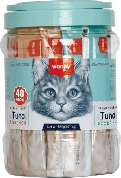 Wanpy - likbare snack - Tonijn & Zalm + Tonijn & Kabeljauw - Voordeelpack 40 stuks - Kattensnacks - Creamy Treat