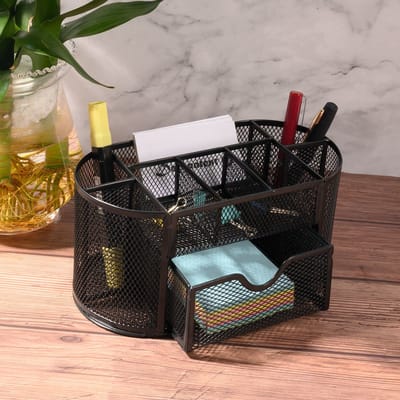 Pennenbak 8 vakken en 1 Schuiflade - Pennenhouder - Desk - Bureau organizer - Mesh - Metaal - Pennenbakjes - Zwart