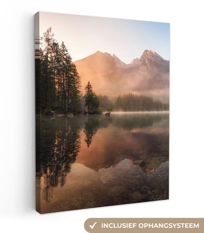 Canvas schilderij 30x40 cm - Wanddecoratie Landschap - Mist - Water - Bomen - Muurdecoratie woonkamer - Slaapkamer decoratie - Kamer accessoires - Schilderijen op canvas