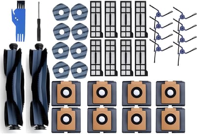 PolkaHome 34-delige accessoireset geschikt voor Eufy X10 Pro Omni stofzuigerrobot – 8 stofzuigerzakken, 8 wasbare stofzuigerdoekjes, 8 zijborstels, 8 HEPA-filters, 2 hoofdborstels – complete onderhoudskit met reserveonderdelen.