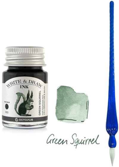 Glaspen - Glazen Dip Pen set in doosje - Blauw - Potje - Octopus - Vulpen inkt - green aquirrel