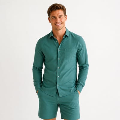 Heren Kleding Set Zomer Groen - Linnen Blouse en korte Broek