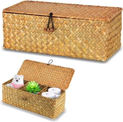Rectangulaire Seagrass Opbergmand van Gevlochten Riet met 3 Planken voor Badkamer, Woonkamer en Keuken (Licht Oranje) - Duurzaam, Stijlvol en Multifunctioneel