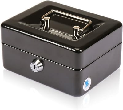 Geldcassette met sleutel - Spaarpot kluisje - Veilig geld bewaren - Uitneembare muntdeler - 15 cm - Zwart