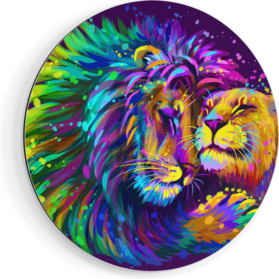 Artaza Dibond Muurcirkel Gekleurde Leeuw En Leeuwin - Abstract - Ø 40 cm - Klein - Wandcirkel - Rond Schilderij - Voor Binnen en Buiten