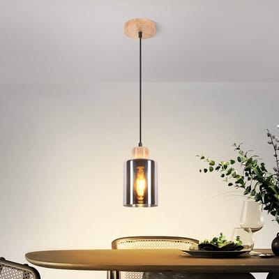 NETTLIFE Hanglamp E27 - Hout en Glas - rookgrijs - Eetkamerlamp hangend - industriële stijl - voor Slaapkamer Woonkamer Eetkamer - zonder lamp