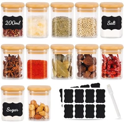 Kruidenpotjes Set - Glazen Potjes - Keuken Organisatie - Luchtdichte Houten Deksel - 12 stuks 200ml - Transparant