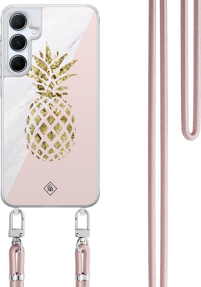 Casimoda® hoesje met koord - Geschikt voor Samsung A15 - Ananas - Afneembaar koord - TPU/polycarbonaat - Roze